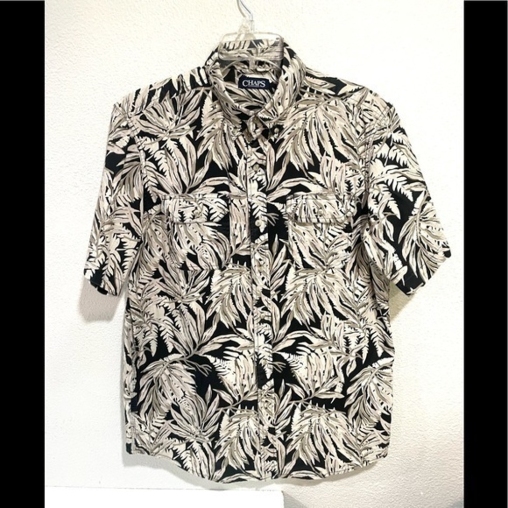 CHAPS tropical print casual button down Hawaiian aloha shirt black ivory- medium